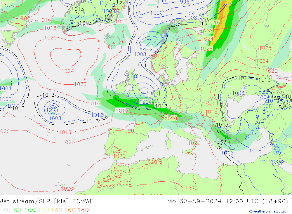 Jet stream/SLP ECMWF Mo 30.09.2024 12 UTC