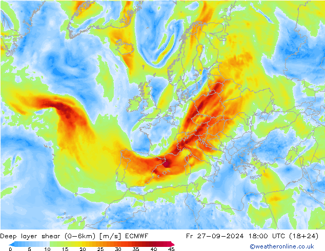 Deep layer shear (0-6km) ECMWF Fr 27.09.2024 18 UTC