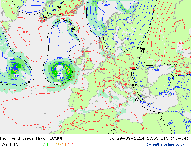 High wind areas ECMWF Su 29.09.2024 00 UTC