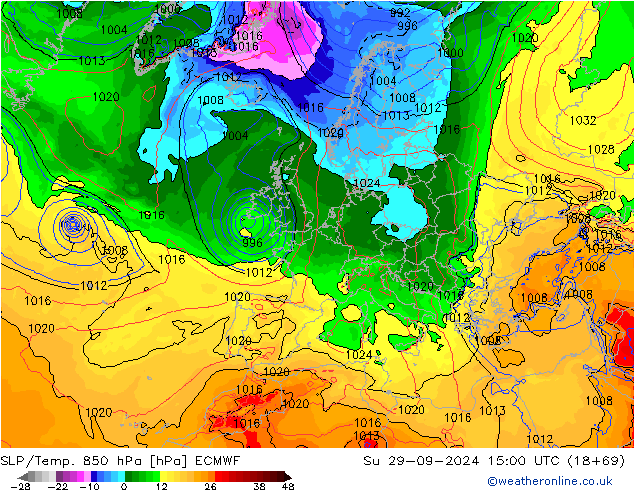 SLP/Temp. 850 hPa ECMWF Dom 29.09.2024 15 UTC