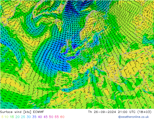 Vento 10 m ECMWF gio 26.09.2024 21 UTC