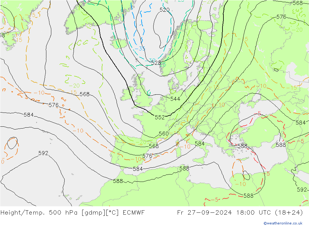 Z500/Rain (+SLP)/Z850 ECMWF Fr 27.09.2024 18 UTC