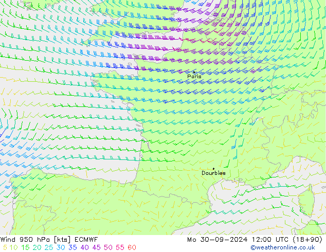 Vento 950 hPa ECMWF lun 30.09.2024 12 UTC