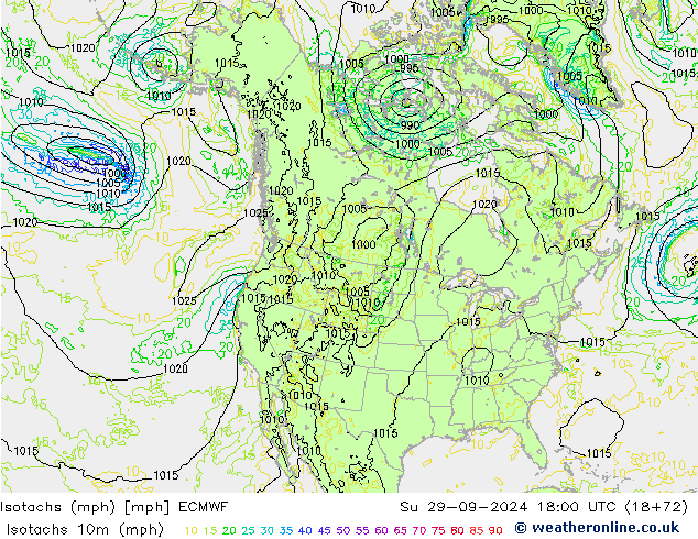 Isotachs (mph) ECMWF Su 29.09.2024 18 UTC