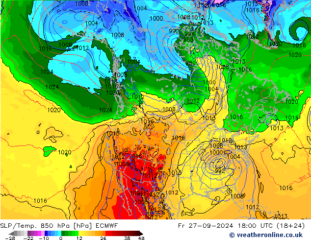 SLP/Temp. 850 гПа ECMWF пт 27.09.2024 18 UTC