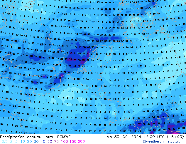 Precipitation accum. ECMWF Mo 30.09.2024 12 UTC