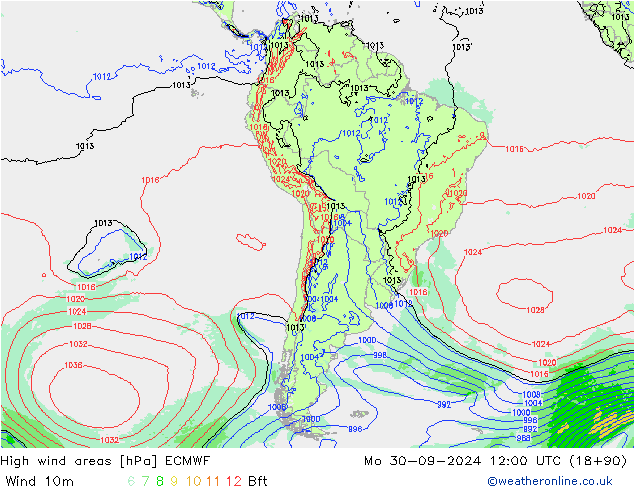 High wind areas ECMWF пн 30.09.2024 12 UTC