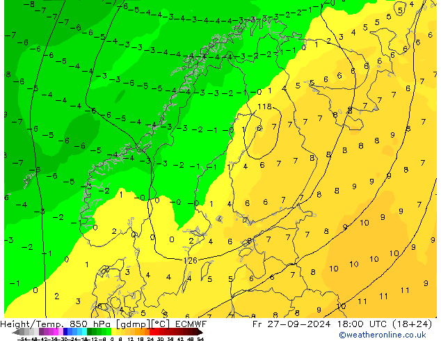 Height/Temp. 850 hPa ECMWF Fr 27.09.2024 18 UTC