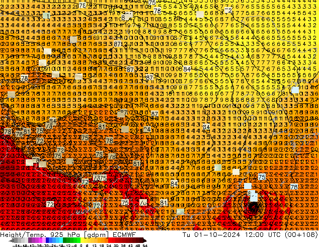 Height/Temp. 925 hPa ECMWF 星期二 01.10.2024 12 UTC