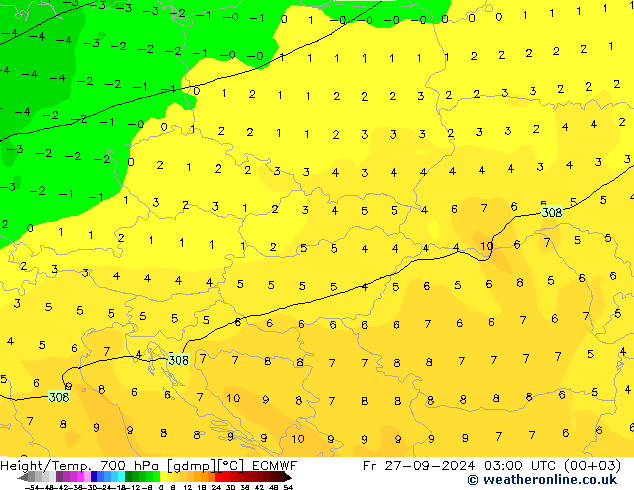 Hoogte/Temp. 700 hPa ECMWF vr 27.09.2024 03 UTC