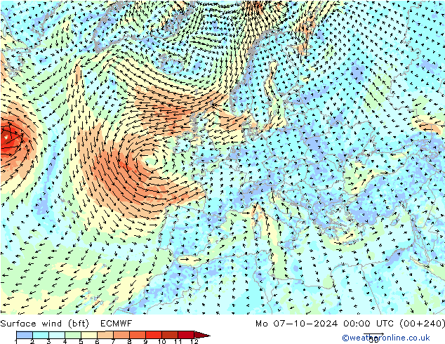 Surface wind (bft) ECMWF Mo 07.10.2024 00 UTC