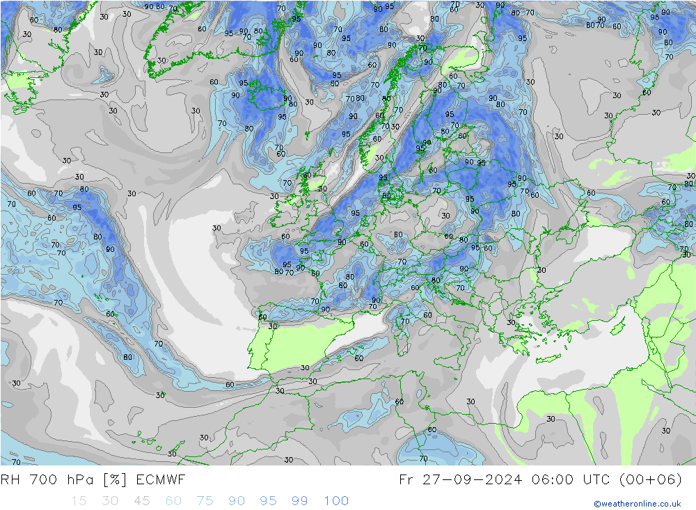 RH 700 hPa ECMWF 星期五 27.09.2024 06 UTC