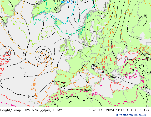 Height/Temp. 925 hPa ECMWF  28.09.2024 18 UTC