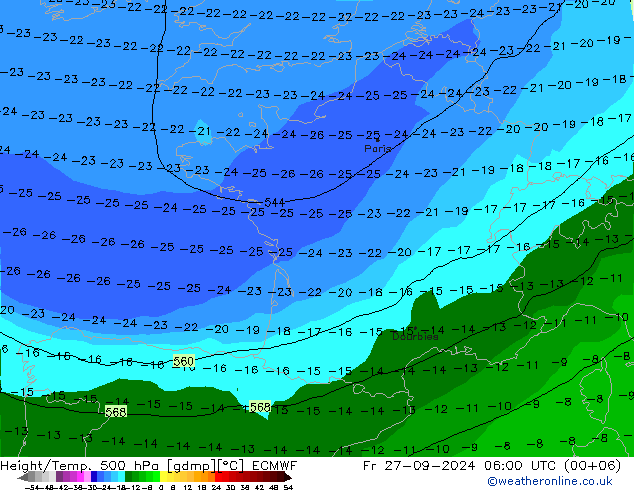 Z500/Rain (+SLP)/Z850 ECMWF Fr 27.09.2024 06 UTC