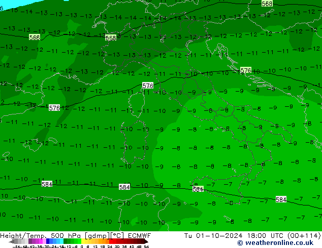 Height/Temp. 500 hPa ECMWF Tu 01.10.2024 18 UTC