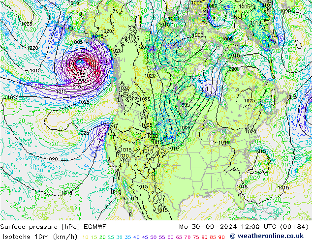 Isotachs (kph) ECMWF Mo 30.09.2024 12 UTC