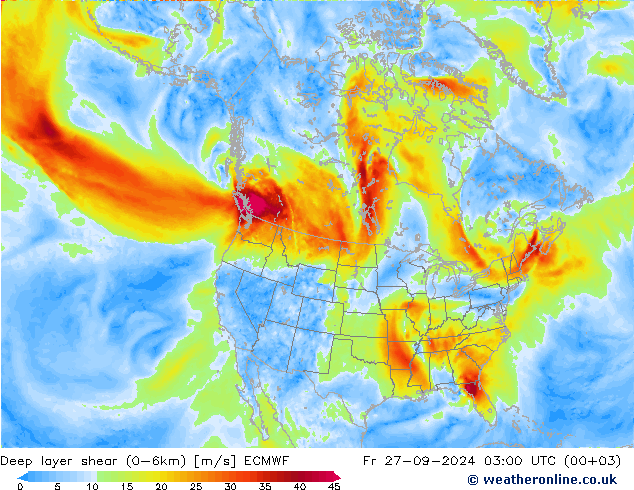 Deep layer shear (0-6km) ECMWF 星期五 27.09.2024 03 UTC