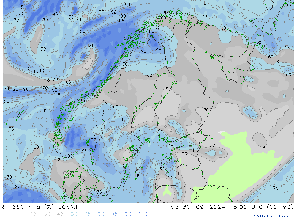 RH 850 hPa ECMWF pon. 30.09.2024 18 UTC