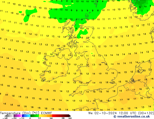 Temperature (2m) ECMWF We 02.10.2024 12 UTC