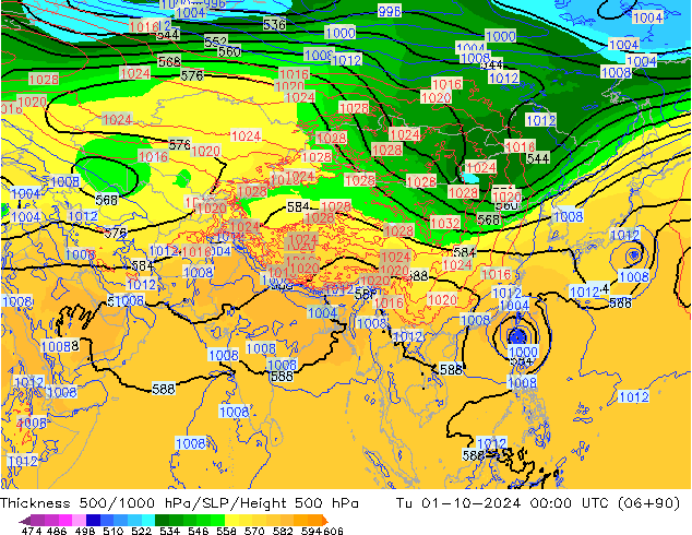 Dikte 500-1000hPa ECMWF di 01.10.2024 00 UTC