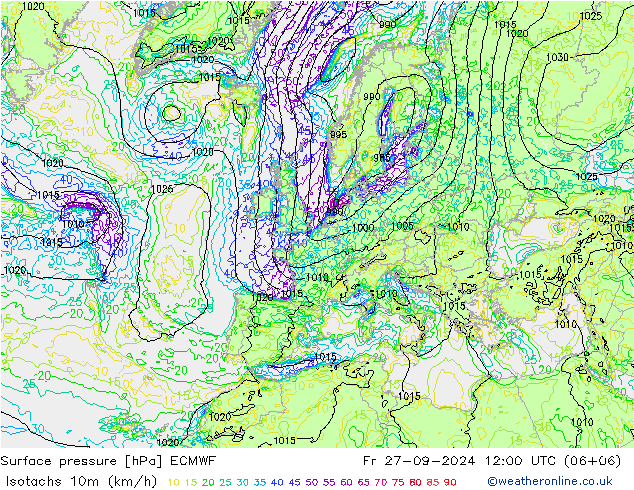 10米等风速线 (kph) ECMWF 星期五 27.09.2024 12 UTC