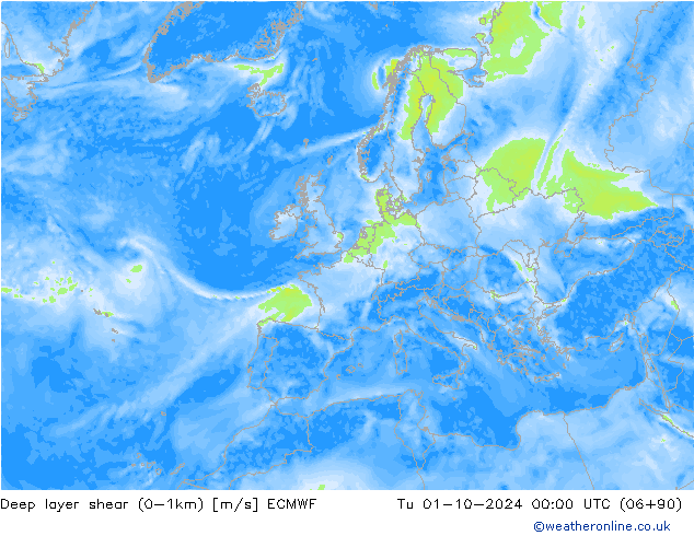 Deep layer shear (0-1km) ECMWF di 01.10.2024 00 UTC