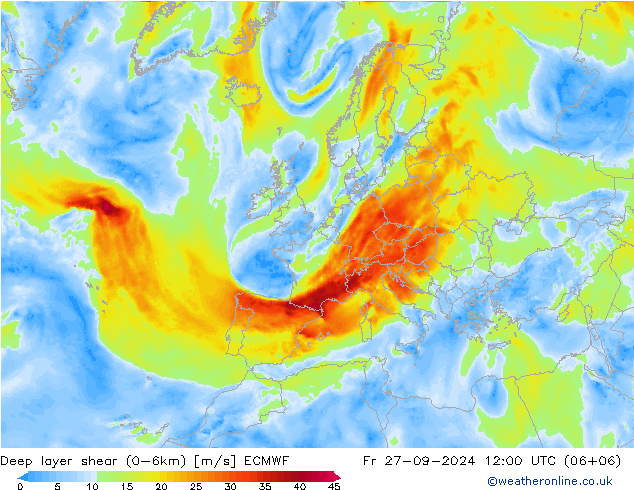 Deep layer shear (0-6km) ECMWF 星期五 27.09.2024 12 UTC