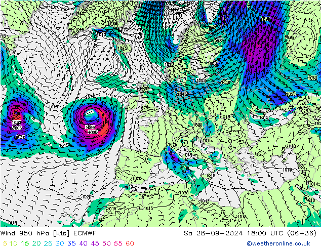 Wind 950 hPa ECMWF za 28.09.2024 18 UTC