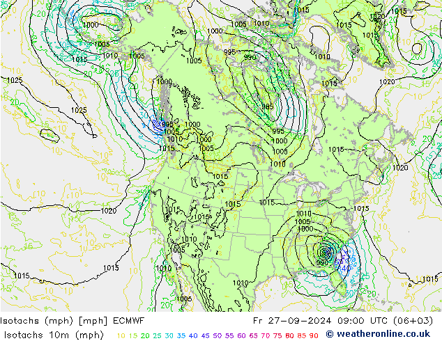 Isotachen (mph) ECMWF vr 27.09.2024 09 UTC