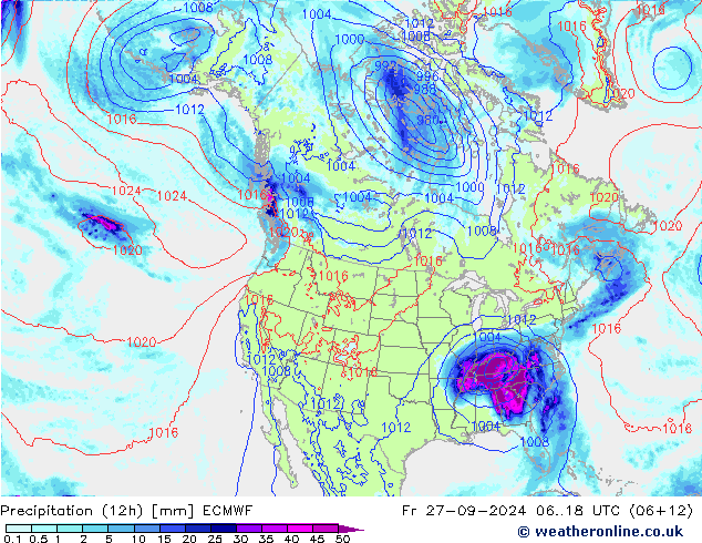 Totale neerslag (12h) ECMWF vr 27.09.2024 18 UTC