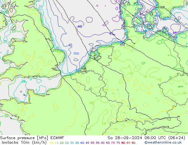 Isotachen (km/h) ECMWF za 28.09.2024 06 UTC