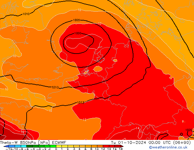 Theta-W 850hPa ECMWF 星期二 01.10.2024 00 UTC