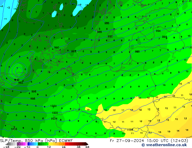 SLP/Temp. 850 hPa ECMWF vr 27.09.2024 15 UTC