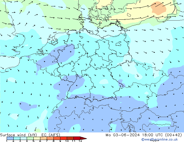 Viento 10 m (bft) EC (AIFS) lun 03.06.2024 18 UTC