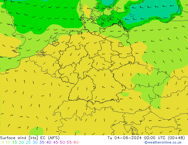 Surface wind EC (AIFS) Tu 04.06.2024 00 UTC
