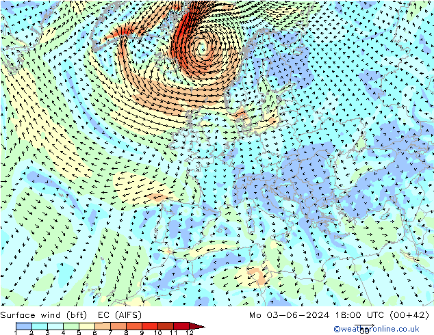 wiatr 10 m (bft) EC (AIFS) pon. 03.06.2024 18 UTC
