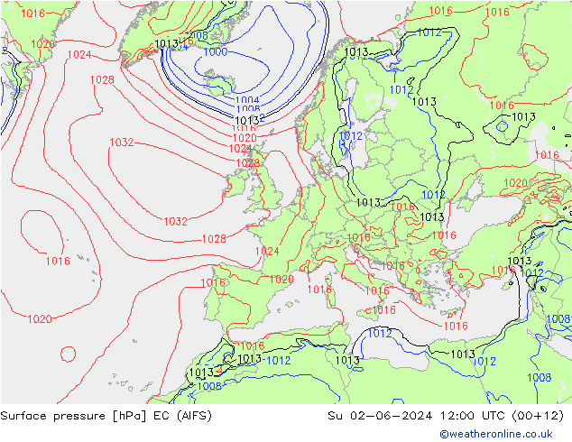 Atmosférický tlak EC (AIFS) Ne 02.06.2024 12 UTC
