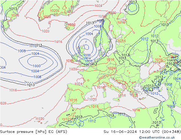 Atmosférický tlak EC (AIFS) Ne 16.06.2024 12 UTC
