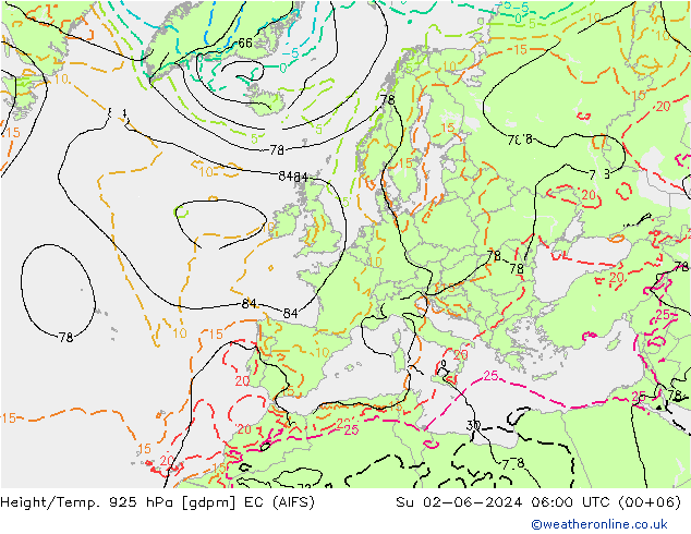 Géop./Temp. 925 hPa EC (AIFS) dim 02.06.2024 06 UTC