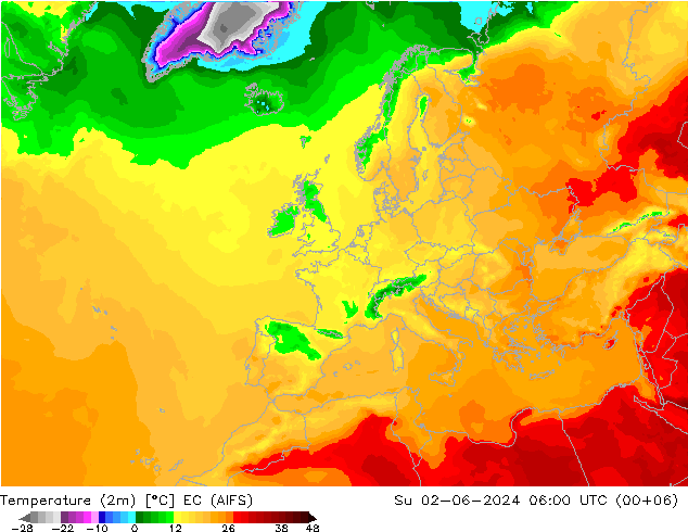 Temperature (2m) EC (AIFS) Su 02.06.2024 06 UTC
