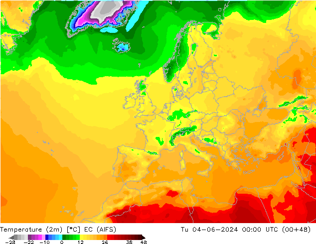 Temperature (2m) EC (AIFS) Tu 04.06.2024 00 UTC