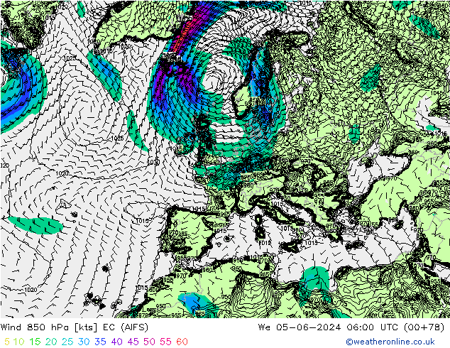 ветер 850 гПа EC (AIFS) ср 05.06.2024 06 UTC