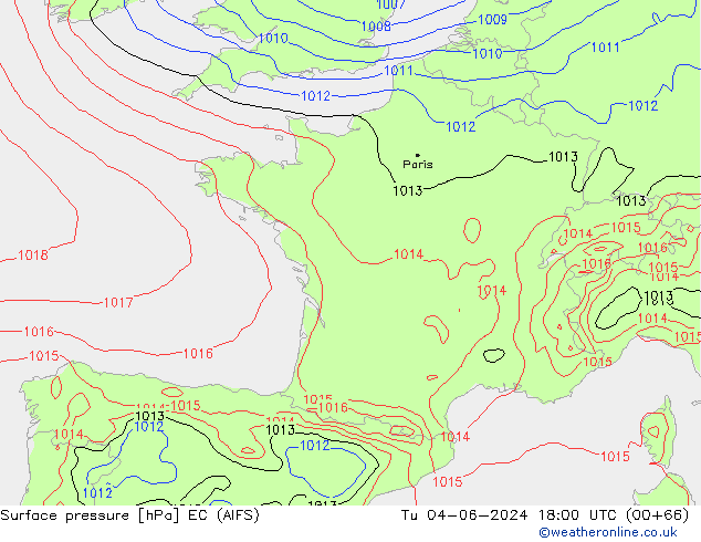 Surface pressure EC (AIFS) Tu 04.06.2024 18 UTC