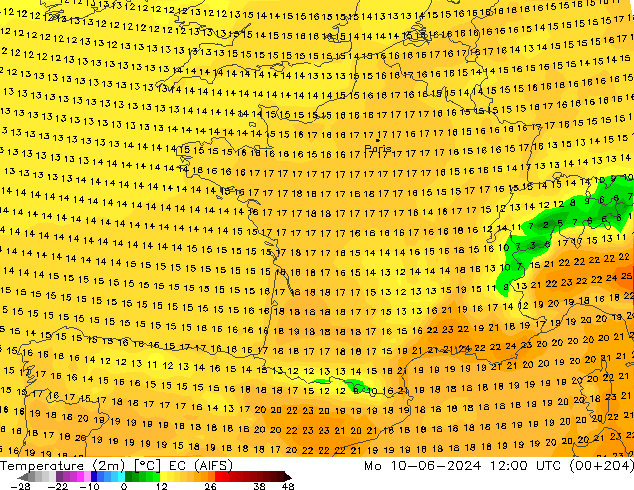 Temperature (2m) EC (AIFS) Mo 10.06.2024 12 UTC