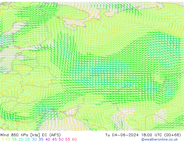 Wind 850 hPa EC (AIFS) Tu 04.06.2024 18 UTC
