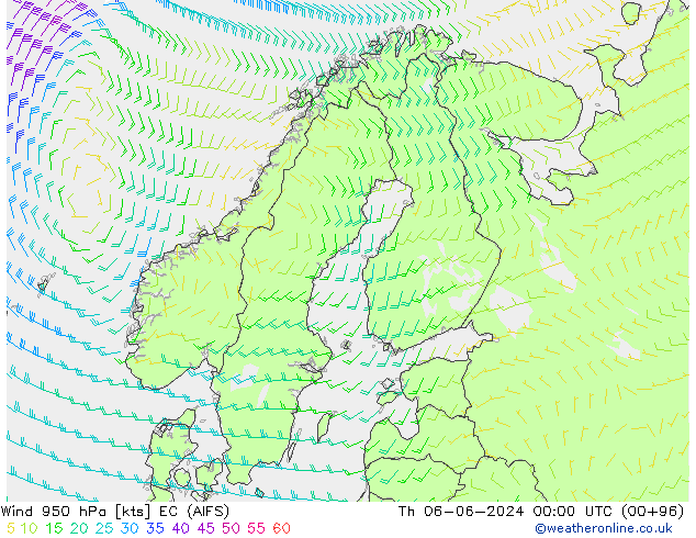 wiatr 950 hPa EC (AIFS) czw. 06.06.2024 00 UTC