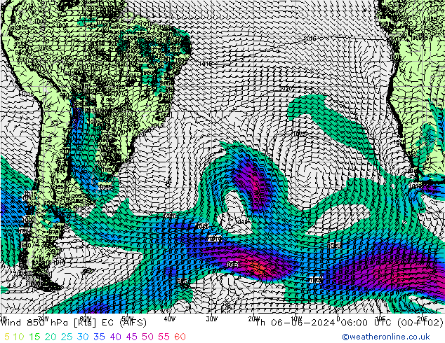 Wind 850 hPa EC (AIFS) Th 06.06.2024 06 UTC