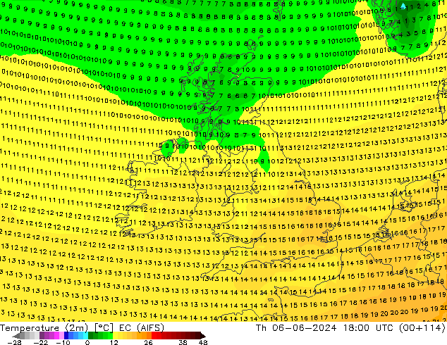 Temperatura (2m) EC (AIFS) gio 06.06.2024 18 UTC