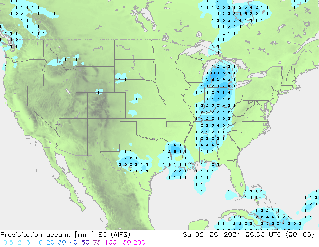 Precipitation accum. EC (AIFS) Su 02.06.2024 06 UTC