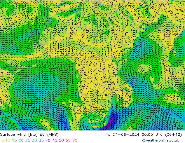 Surface wind EC (AIFS) Út 04.06.2024 00 UTC